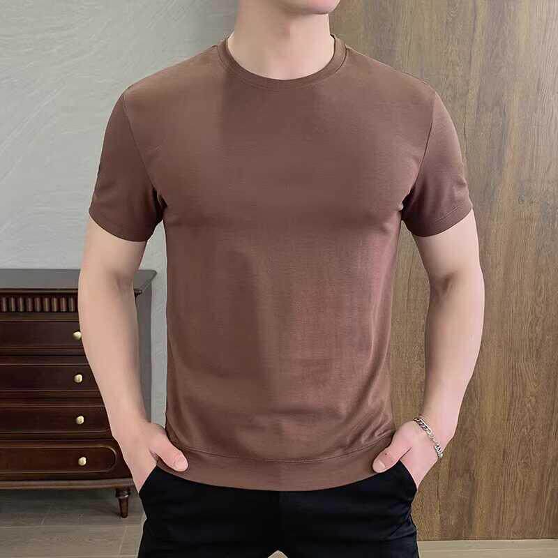 百搭夏季高级感圆领男装纯色时尚潮流男士短袖t恤休闲商务上衣服