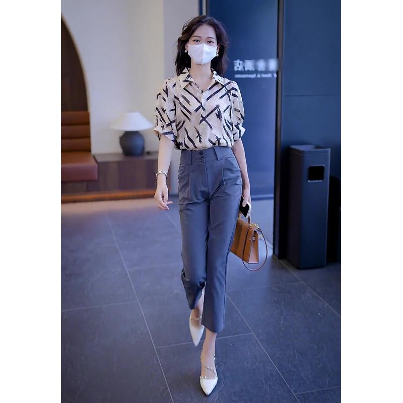 休闲套装女夏季2025新款韩版职业OL风衬衫西装裤修身显瘦两件套