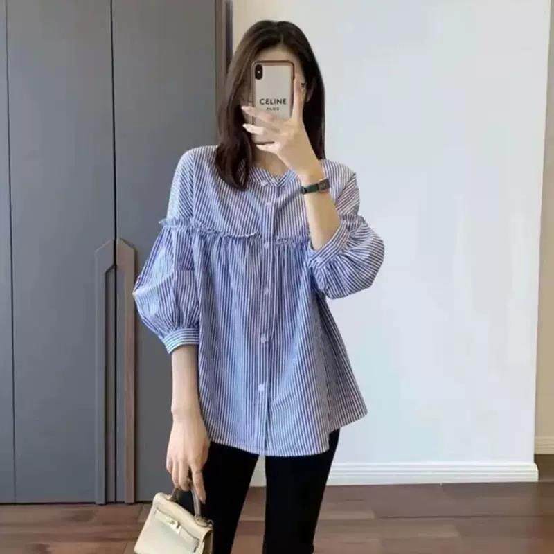 欧洲站蓝色条纹衬衫女高级感轻奢时尚设计感夏季百搭木耳边娃娃衫