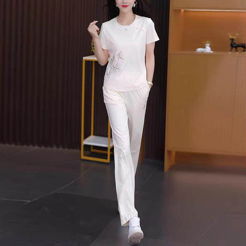 欧洲站休闲运动套装女2025年夏新款时尚洋气宽松短袖阔腿裤两件套