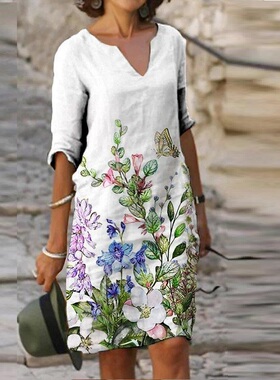 Women Vintage Dress 2021 Summer Flower Print Short Sleeve