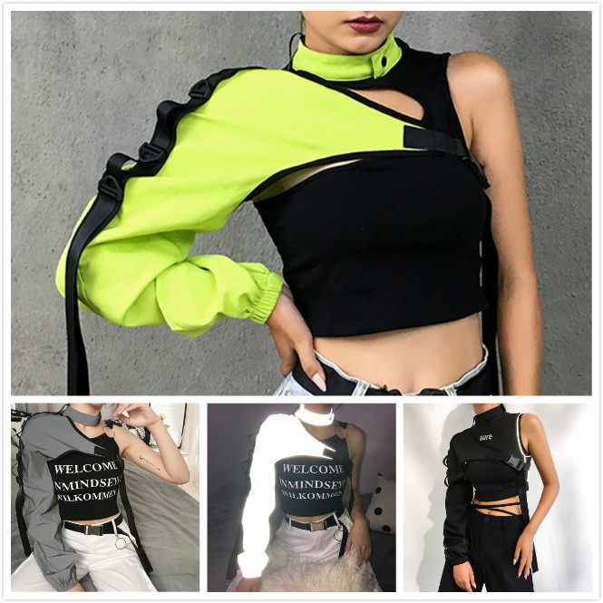 欧美街头嘻哈街舞单袖飘带反光罩衫个性炫酷舞蹈演出服女jazz上衣
