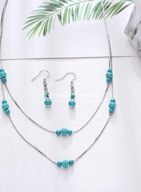 Rounded Turquoise Stone ladies Necklace Earring suit woman女