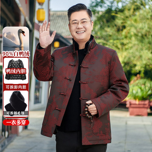 唐装男羽绒服中老年人可拆卸内胆爸爸冬装喜庆外套爷爷生日寿宴装