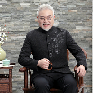 唐装中山装男中老年外套中国风爸爸加厚爷爷秋冬羊毛呢老人中山服