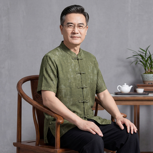香云纱唐装男高端短袖真丝夏季中老年爸爸装桑蚕丝中国风爷爷衬衣