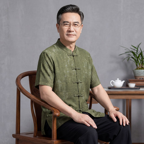 香云纱唐装男高端短袖真丝夏季中老年爸爸装桑蚕丝中国风爷爷衬衣