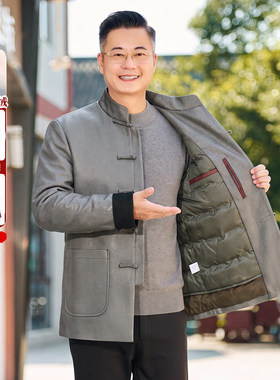 新中式唐装男羽绒服可拆卸白鸭绒内胆中老年人爸爸装立领保暖外套