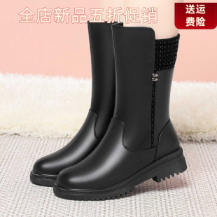 妮甸蜘蛛王冠真皮冬季女靴新款中筒靴中跟大码加绒羊毛骑士马丁靴