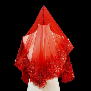 婚礼头纱头饰 红色中国风结婚新娘红盖头半透明头纱秀禾服喜帕中式
