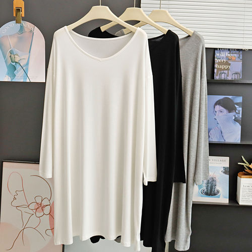 春秋季中长款莫代尔V领长袖T恤裙慵懒风宽松大码睡裙孕妇连衣裙薄