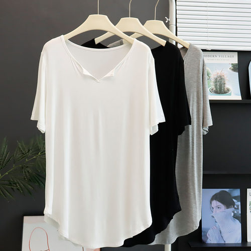 中长款莫代尔短袖T恤遮屁股V领圆弧下摆上衣宽松运动罩衫家居服女
