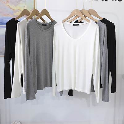 长袖简约风薄V领莫代尔T恤