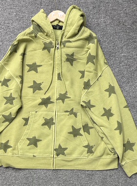 F105原货秋款连帽拉链星星印花宽松拉绒卫衣女