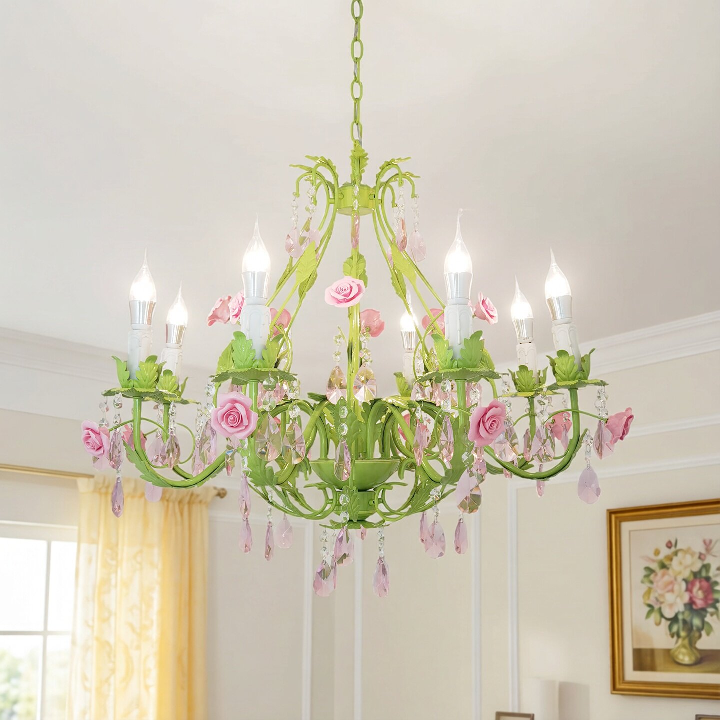 轻奢田园风格欧式铁艺水晶吊灯个性卧室客厅玫瑰绿色装饰枝型灯饰
