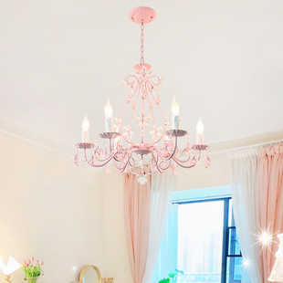 儿童房卧室吊灯浪漫女孩公主房简约北欧卧室灯粉色水晶灯田园灯饰