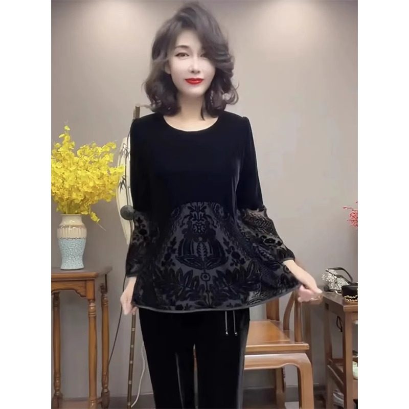 气质金丝绒喇叭袖t恤女洋气拼接植绒烧花设计感丝绒圆领黑色上衣
