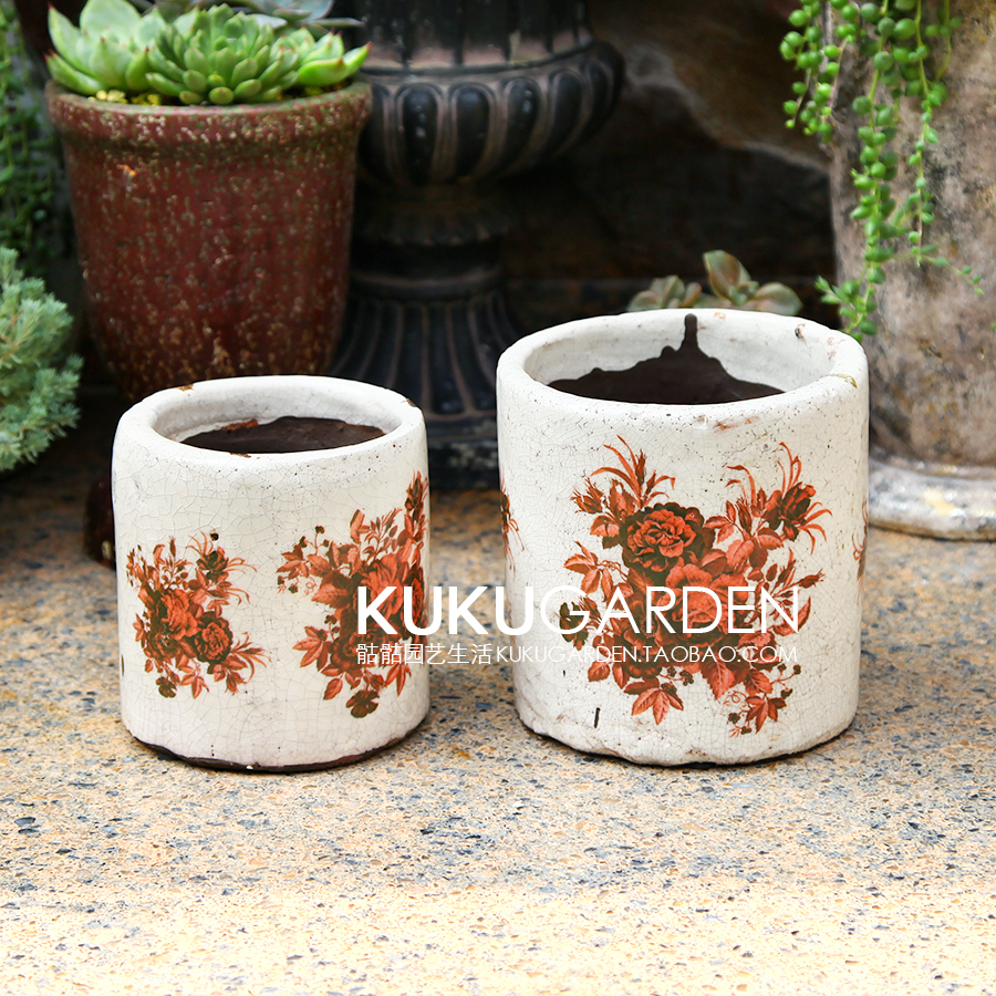 欧美式乡村风格贴花彩釉陶瓷多肉小花盆创意阳台迷你花器冰裂复古