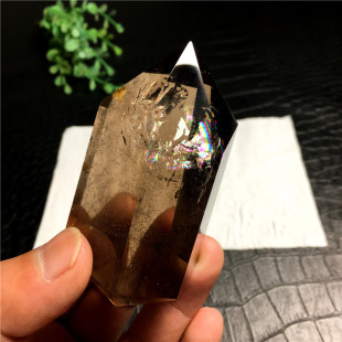 纯天然黄茶水晶单双尖六棱柱子摆件黑烟墨晶彩虹原石打磨家居装饰