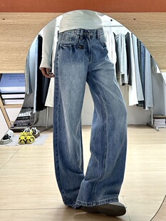 美式复古水洗阔腿牛仔裤女2026春秋新款高腰宽松显瘦直筒拖地裤子