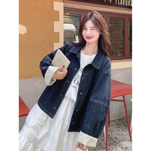 牛仔翻领单排扣外套女秋季 条纹卷边拼接宽松廓形夹克上衣 2025新款