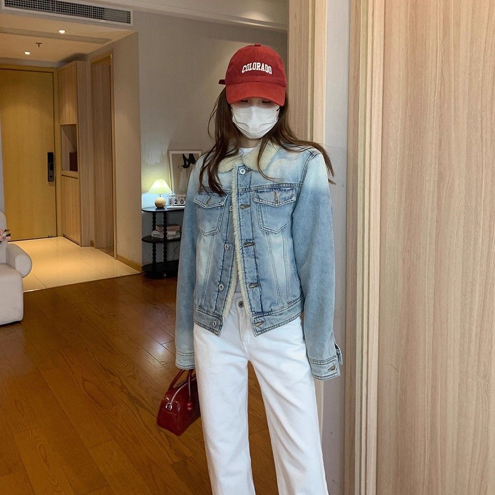 毛绒新款夹棉牛仔水洗复古棉服