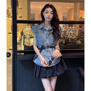 牛仔马甲薄款外套女新款夏季少女韩版百搭风显瘦配腰带无袖上衣潮