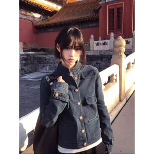 春季老钱风穿搭早春短款牛仔外套女2026新款小个子立领夹克春秋款