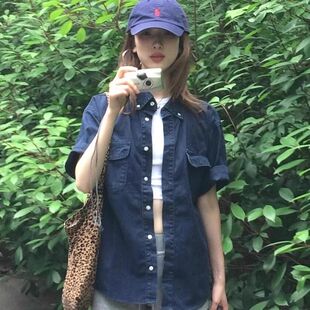 宽松百搭古早日杂穿搭男女款 女夏季 水洗牛仔衬衣外套 衬衫 复古短袖