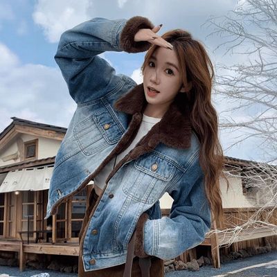 加绒加厚翻领牛仔外套女冬装2025新款超好看炸街短款棉服夹克上衣