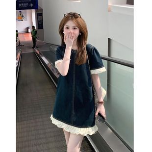 今年流行的漂亮裙子女夏2025新款小个子连衣裙蕾丝花边牛仔a字裙