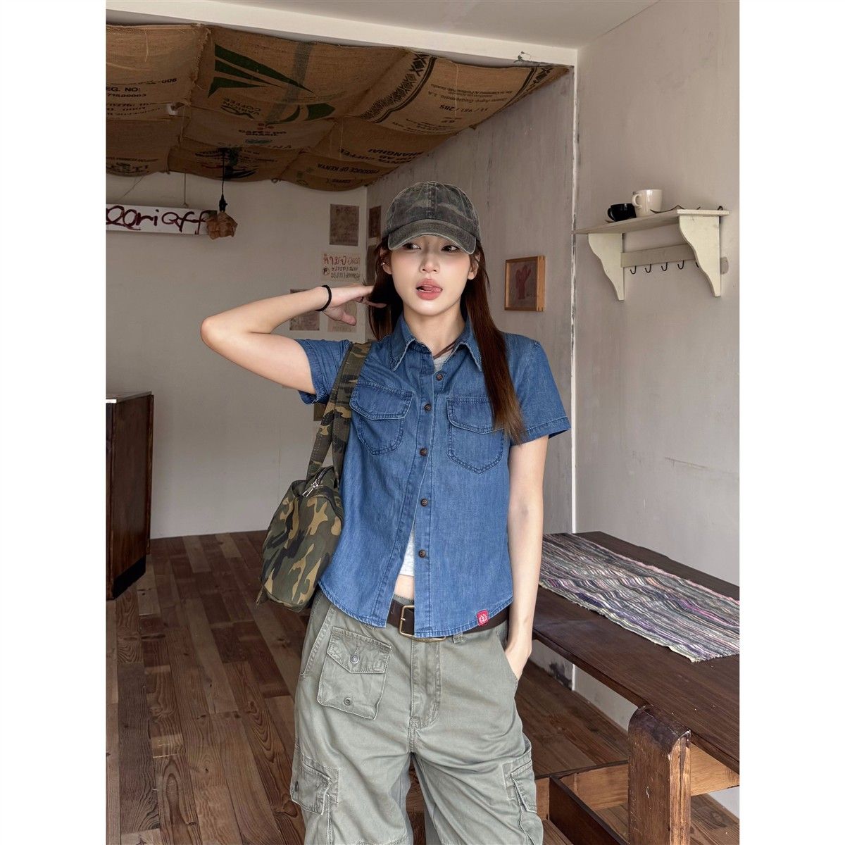 美式复古薄款正肩牛仔短袖衬衫