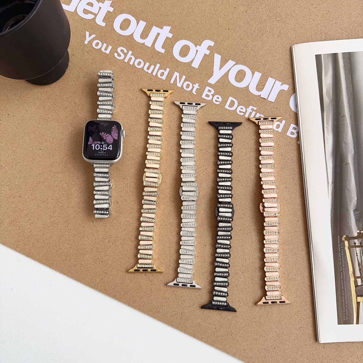 适用苹果手表s11不规则镶钻金属表带iwatch78910se链式蝴蝶扣女款