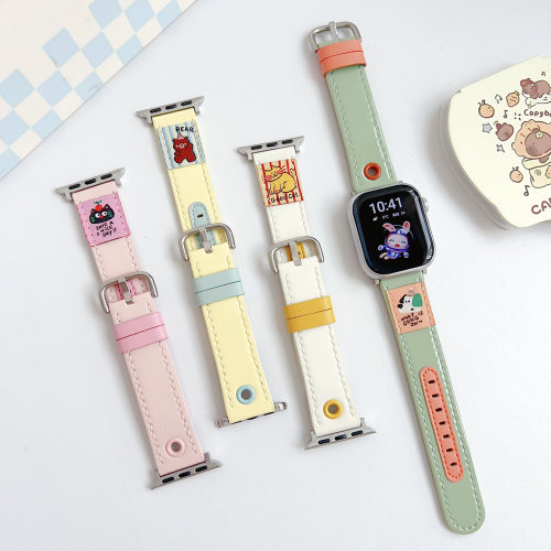 适用AppleWatch11真皮表带苹果手表109876se亮面漆皮可爱卡通男女