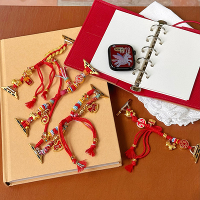 新年款适用苹果手表s11se3红色编织手绳表带iwatch78910创意手链