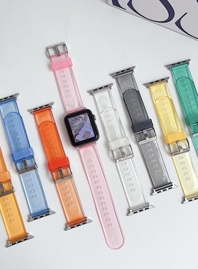 适用苹果手表s9糖果色透明表带iwatch8se567创意腕带运动男女款夏