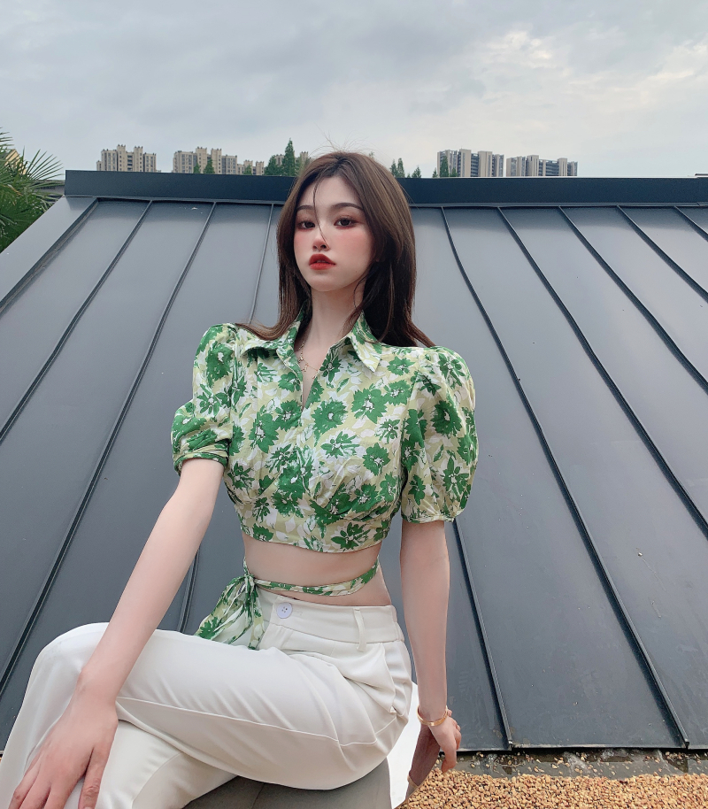 Real price ~ 2021 French romantic idyllic style fresh age reduced Green Floral Shirt