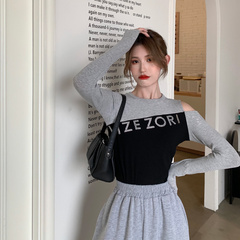 Real price ~ color matching letter bottomed shirt hot drill T-shirt women's stretch slim long sleeve off shoulder top