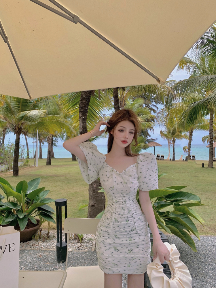 Real price ~ fairy air show thin sexy goddess fan bubble sleeve Floral Dress