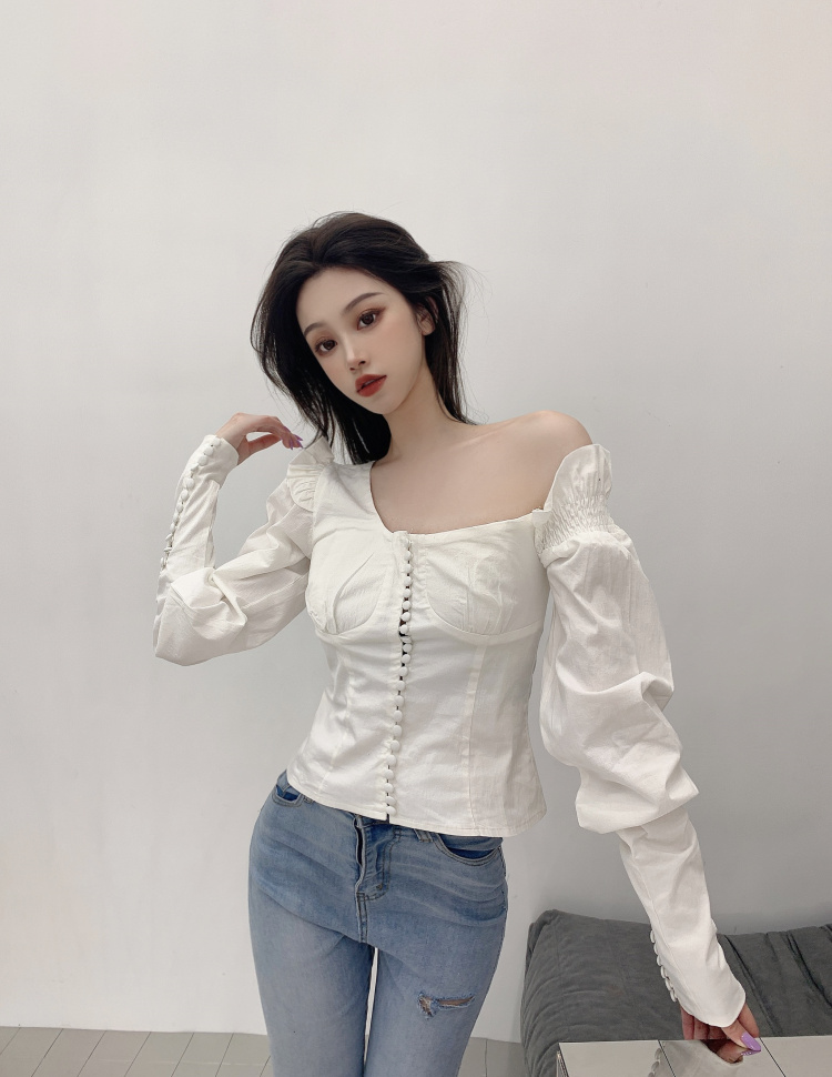 Real price ~ court slant shoulder bubble sleeve breasted slim top fairy temperament waist shirt