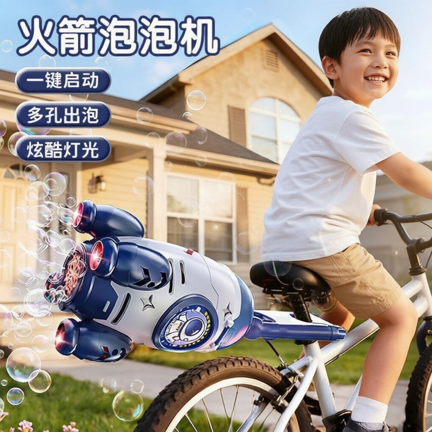 儿童自行车载尾部火箭泡泡机全自动大容量吹泡泡枪电动男女孩玩具图片