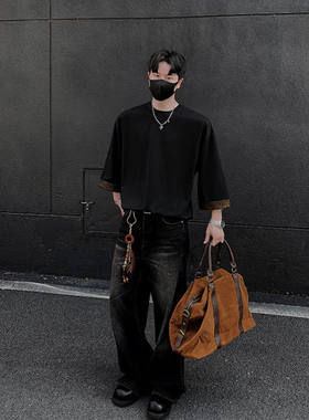 【精品】新款上市◆夏季设计七分袖翻边T恤男蛇纹皮个性拼接短袖