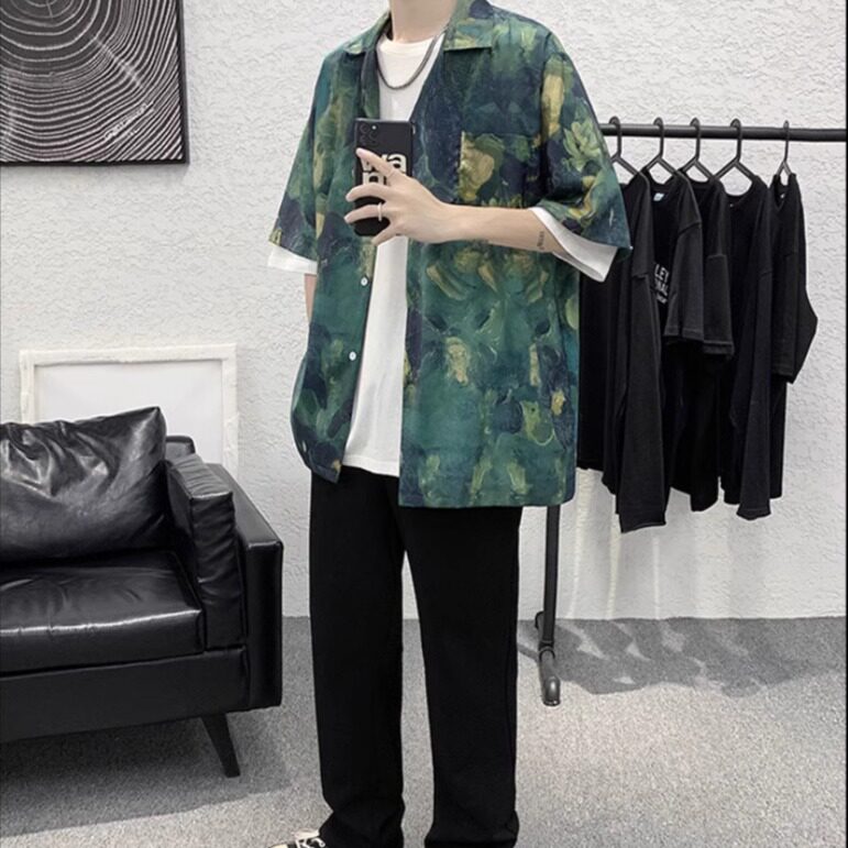 【精品清仓】新款上市夏季冰丝复古长袖衬衫男ins潮流沙滩衬衣男