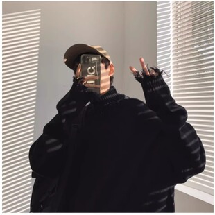 宽松慵懒打底针织衫 暗黑破洞毛边高领毛衣男士 秋冬款 潮 精品