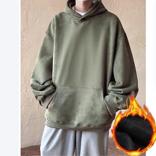 【精品】~加绒质量很好~只剩军绿，港风加绒加厚麂皮绒卫衣