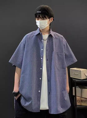 【精品】新款上市◆2026夏季青少年港风潮流时尚痞帅条纹短袖衬衫