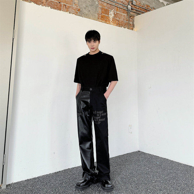 【精品】新款上市◆2026春秋男美式个性设计拼接皮裤刺绣休闲裤,男装,休闲裤,淘宝优惠券,粉丝福利购,淘宝优惠卷