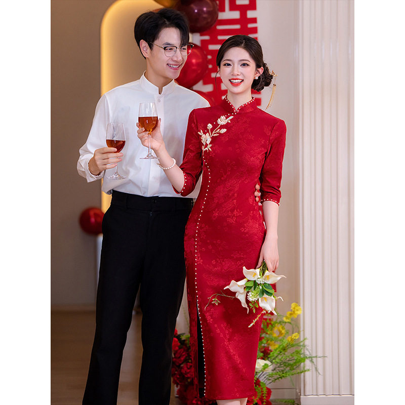 隐山少女 红色长袖敬酒旗袍 小个子新中式订婚礼服回门秀禾服