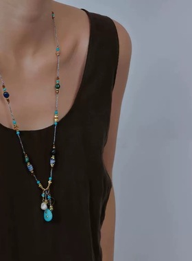 复古石头吊坠独特民族波西米亚风手工串珠毛衣链