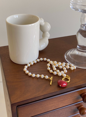 韩国小众设计感巴洛克珍珠金属拼接红色爱心项链吊坠复古夏季